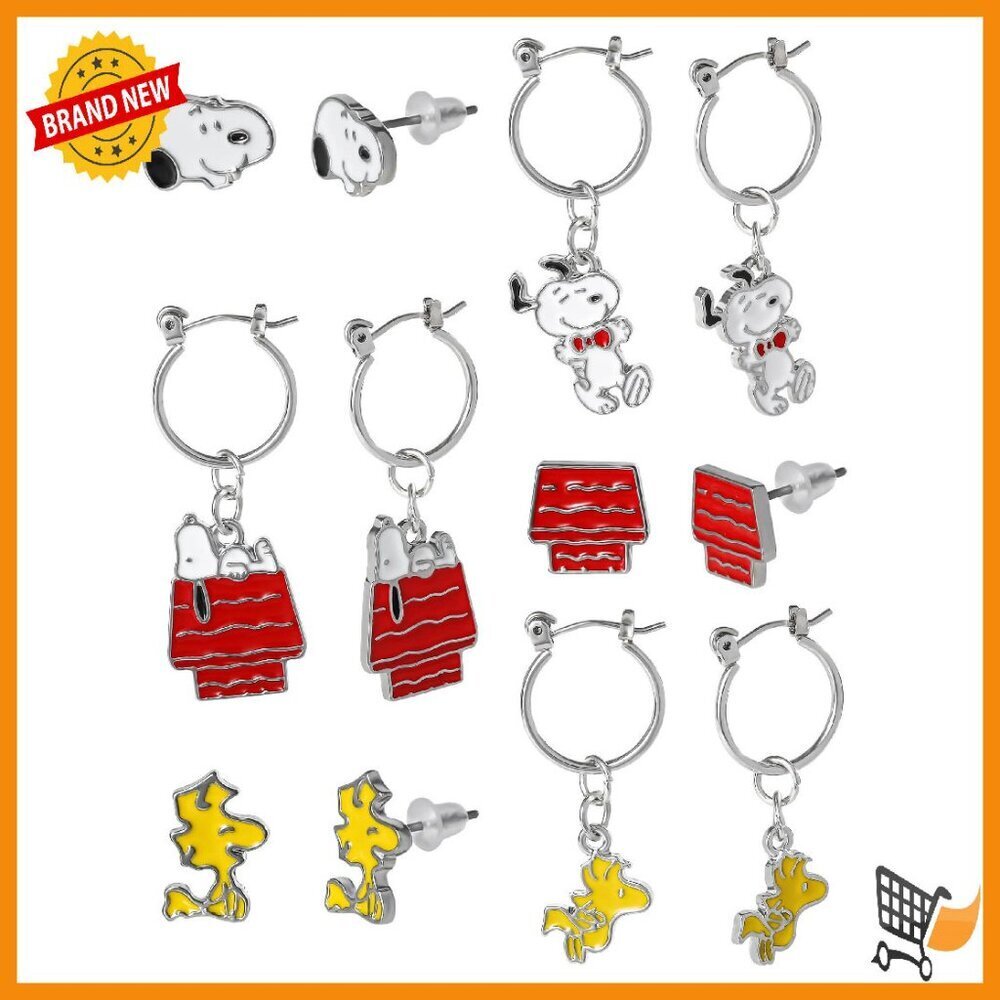Peanuts Snoopy Woodstock Stud Hoop Earrings Set 6 Pairs Official License